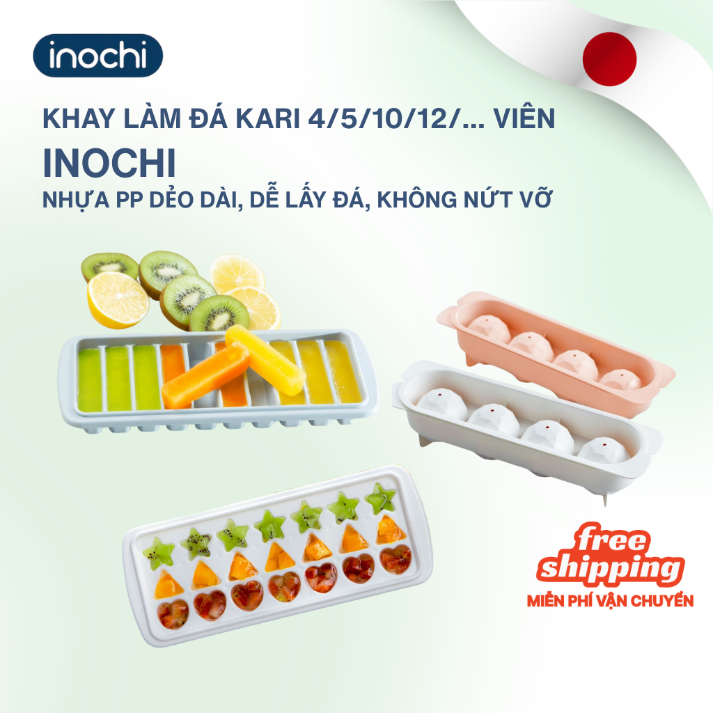 Khay làm đá Kari Inochi nhiều loại, có nắp kèm hộp đựng/ko hộp đựng, chất liệu an toàn, kháng khuẩn
