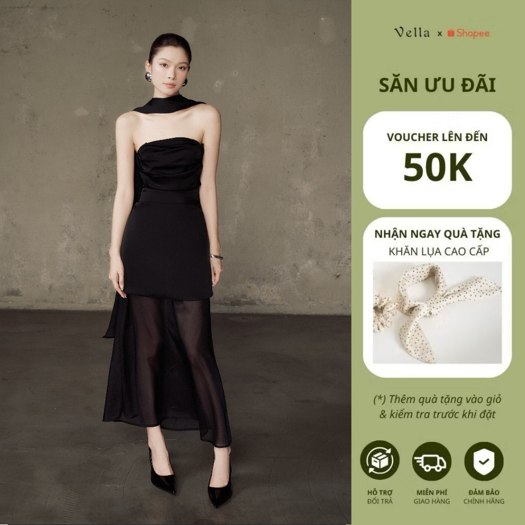 Set đầm cúp ngực phối chân váy voan dáng dài kèm khăn choàng luạ màu đen & trắng Vella VD25094