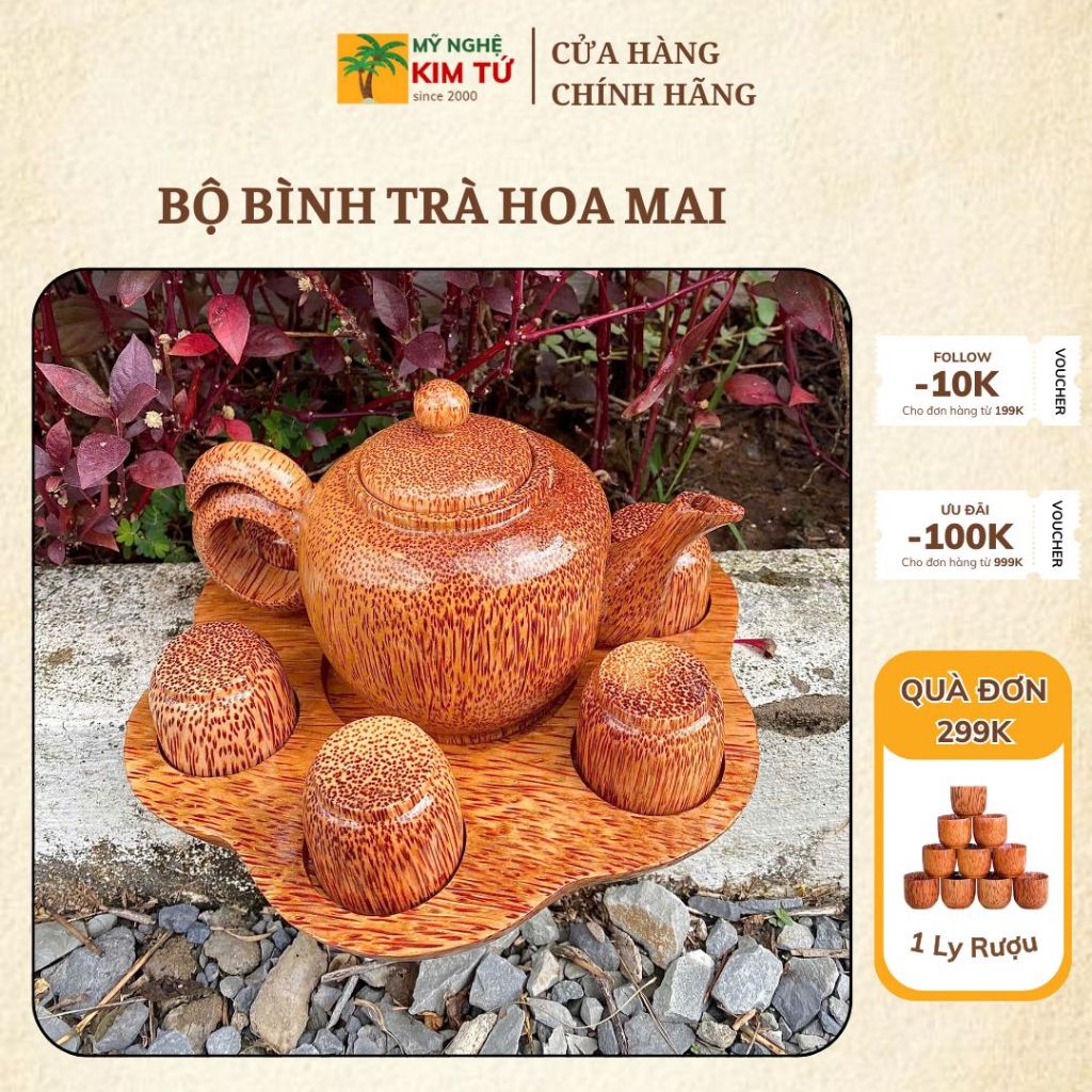Bộ Bình Trà Lê Gỗ Dừa Dĩa Hoa Mai Phù Hợp Trà Đạo, Trang Trí Bàn Trà, Thiết Kế Sang Trọng, Dùng Biếu Tặng - KIM TỨ