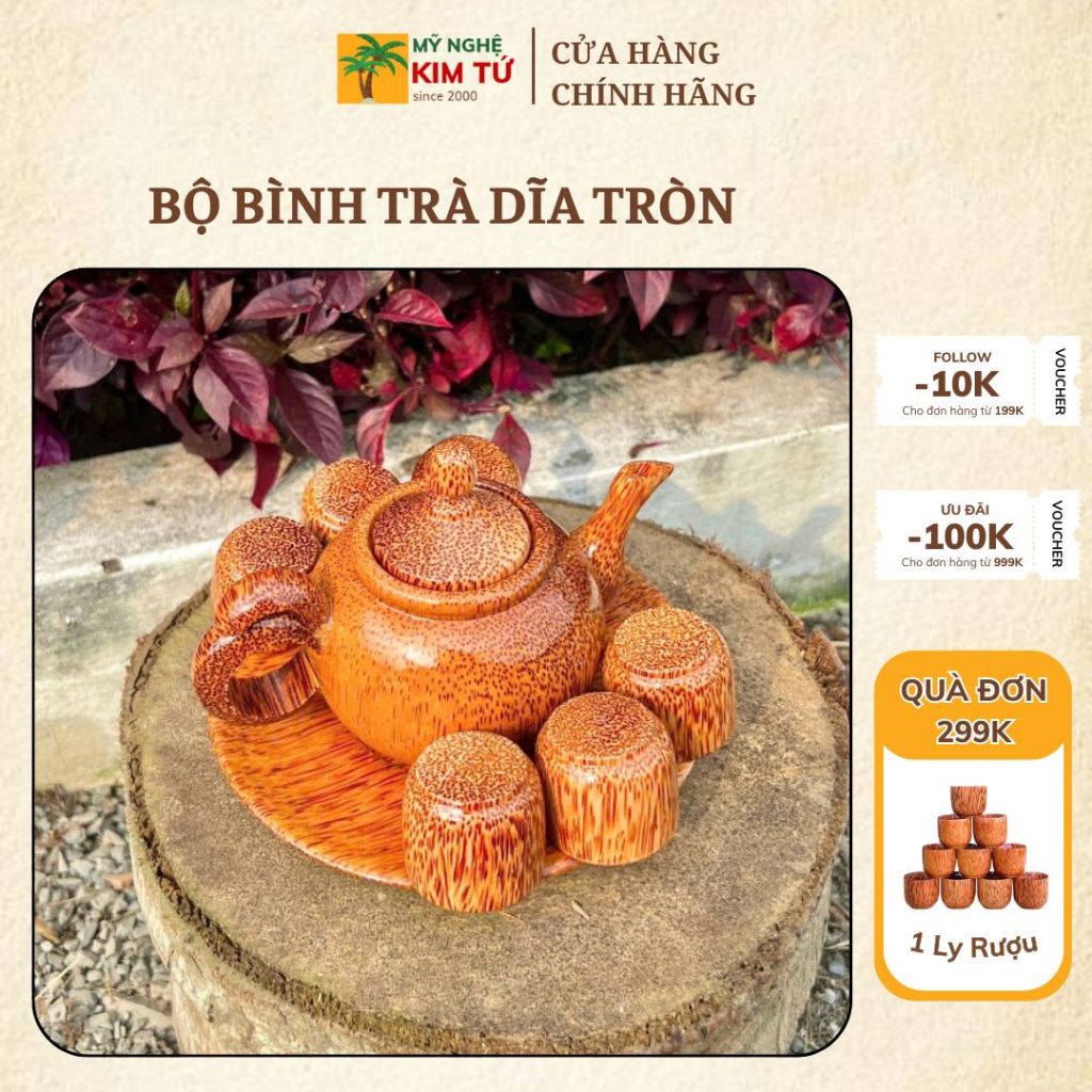 Bộ Bình Trà Gỗ Dừa Dĩa Tròn Phù Hợp Trà Đạo, Trang Trí Bàn Trà, Thiết Kế Sang Trọng, Dùng Biếu Tặng Thầy Cô Sếp - KIM TỨ