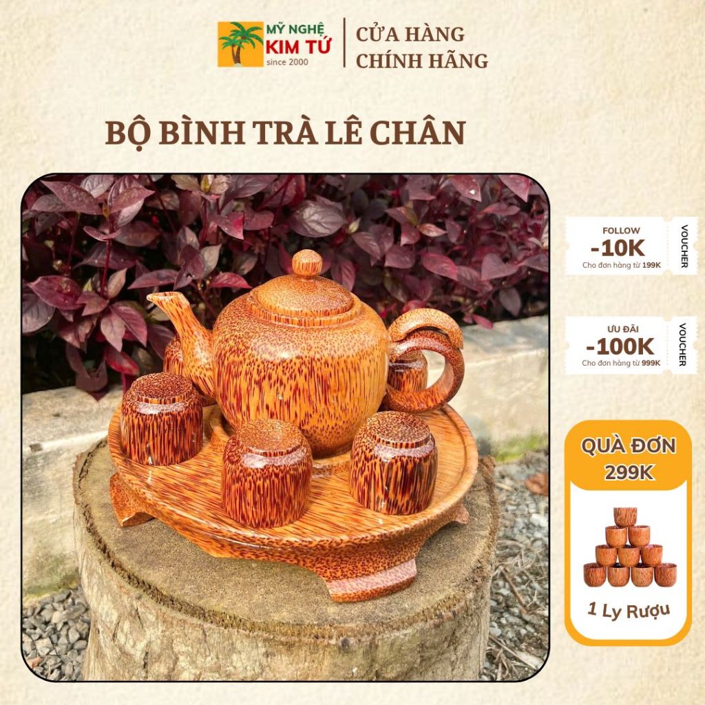 Bộ Bình Trà Lê Gỗ Dừa Kèm Dĩa Có Chân Phù Hợp Trà Đạo, Trang Trí Bàn Trà, Thiết Kế Sang Trọng, Dùng Biếu Tặng - KIM TỨ