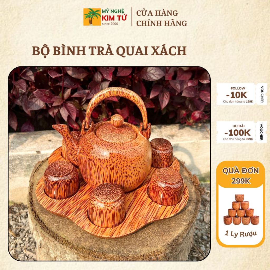 Bộ Bình Trà Gỗ Dừa Quai Xách Hoa Mai Phù Hợp Trà Đạo, Trang Trí Bàn Trà, Thiết Kế Sang Trọng, Dùng Biếu Tặng - KIM TỨ