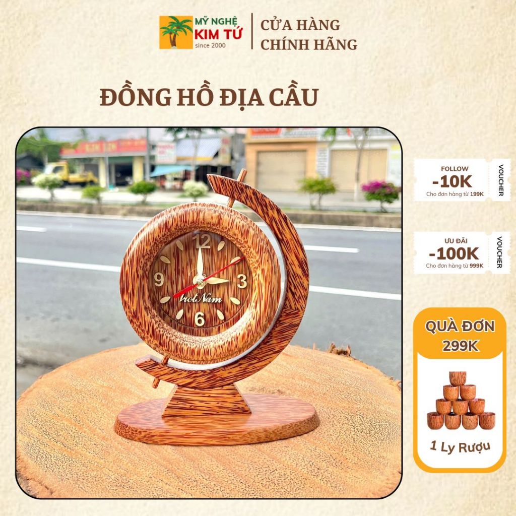 [ TẶNG KÈM PIN ] Đồng Hồ Gỗ Dừa Để Bàn Thiết Kế Địa Cầu Sáng Tạo, Trang Trí Phòng Làm Việc, Quà Tặng Sang Trọng