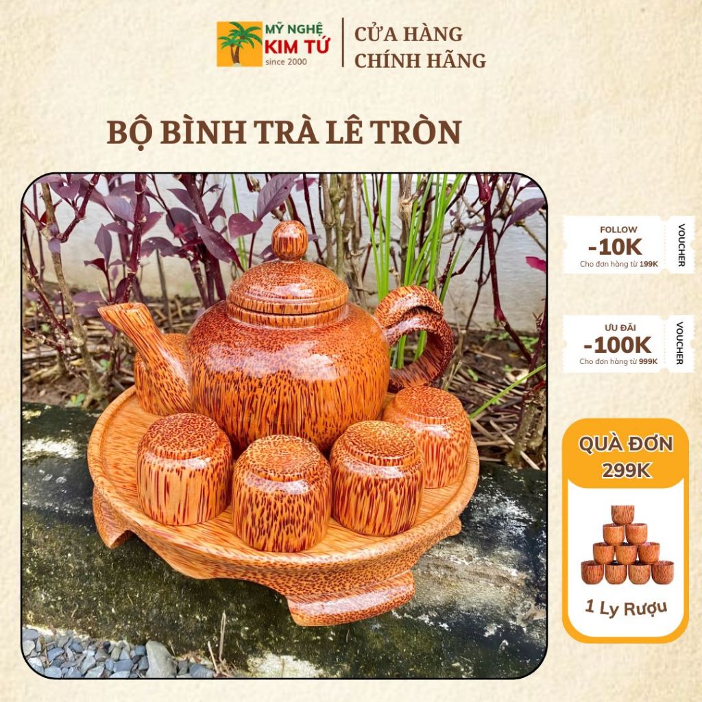 [MỚI] Bộ Bình Trà Lê Tròn Gỗ Dừa Kèm Dĩa Có Chân Phù Hợp Trà Đạo, Uống Trà Phòng Khách Sang Trọng, Quà Biếu Tặng Cao Cấp