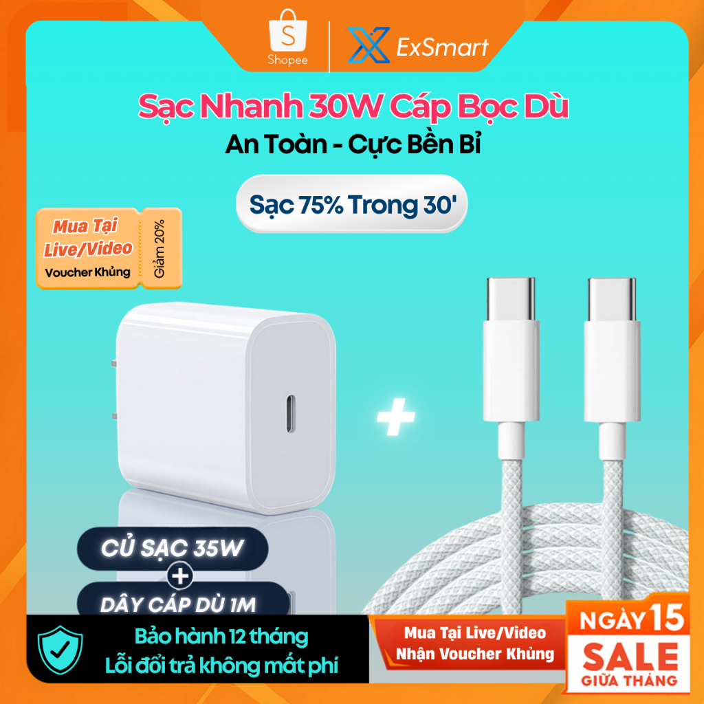 Bộ Sạc Nhanh Chính Hãng 30W Exsmart Dây Bọc Dù Tự Ngắt Khi Sạc Đầy chống gãy gập An Toàn Ổn Định Bảo Vệ Máy