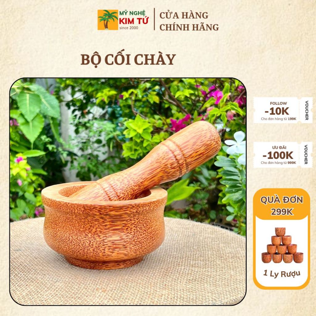 Bộ Cối Chày Gỗ Dừa Nguyên Khối Đâm Tiêu Giã Tỏi Ớt Nghiền Gia Vị Đồ Dùng Nhà Bếp Gọn Nhẹ Chống Mốc Mùi Mỹ Nghệ Kim Tứ Bế