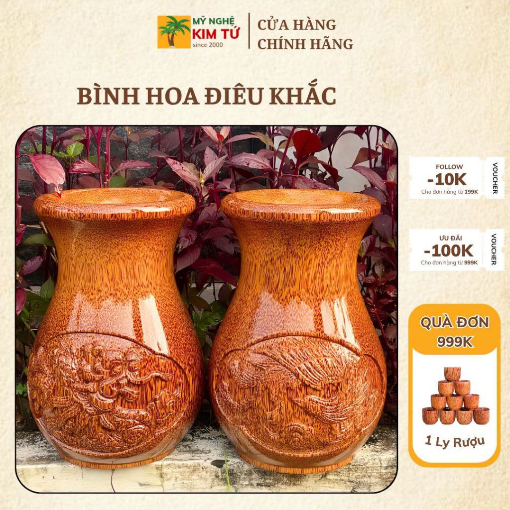 Bình Cắm Hoa Gỗ Dừa Điêu Khắc, Lọ Hoa Trang Trí Nhà Cửa & Bàn Thờ & Quán Cafe, Decor Mộc Mạc, Sang Trọng KIM TỨ
