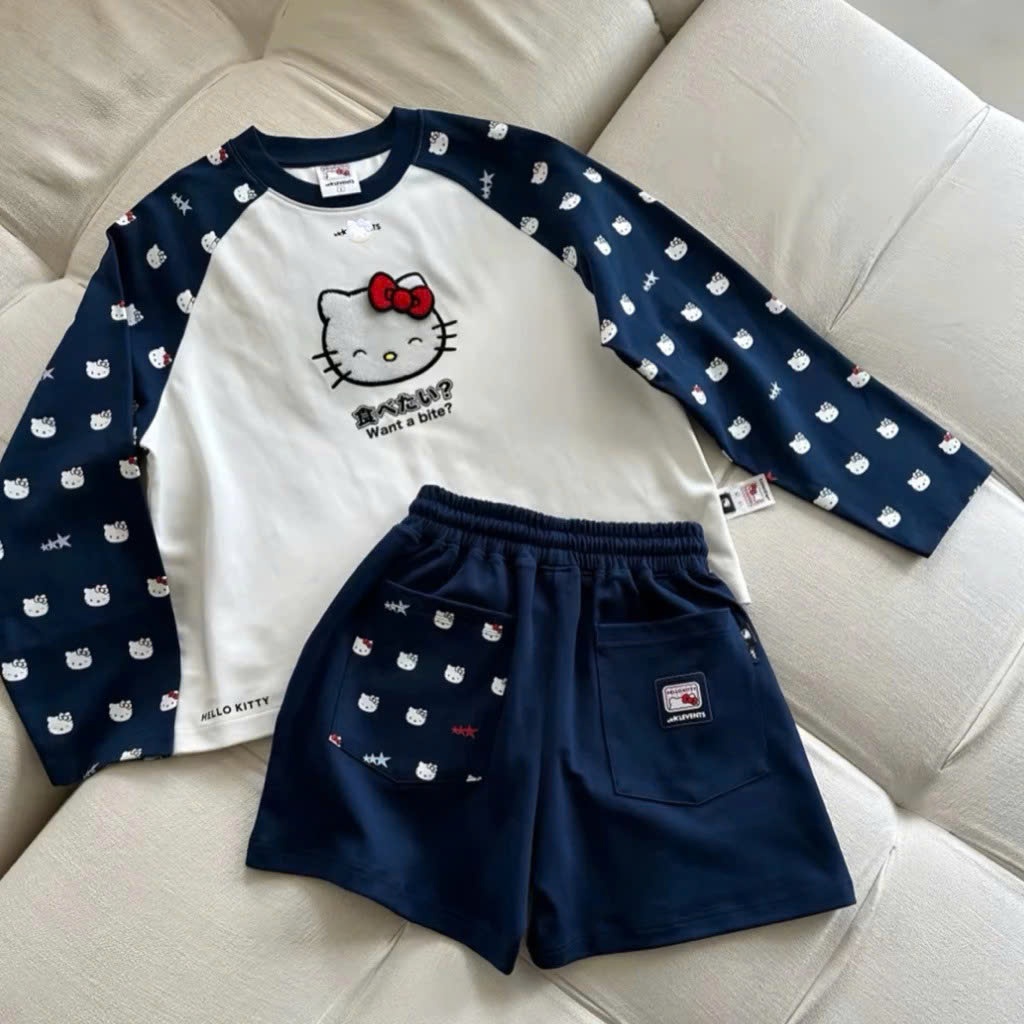 Áo tay dài long sleeve Lì Kitty boxy, chất vải cotton dày dặn, hình thêu xù chuẩn xịn, form boxy nam nữ
