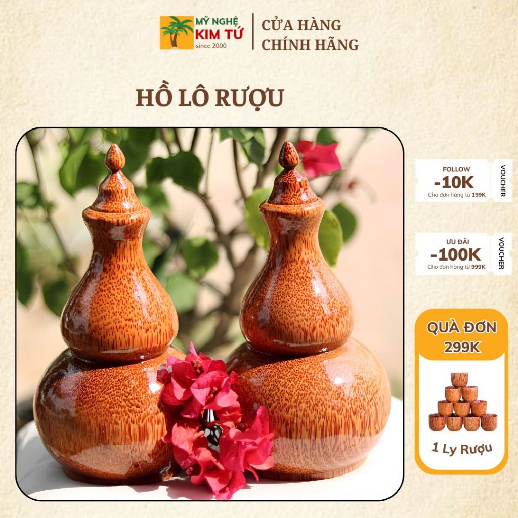 Bình Hồ Lô Gỗ Dừa Dùng Đựng Rượu, Trang Trí Phong Thủy Tài Lộc, Trang Trí Bàn Tiệc, Quà Tặng Độc Đáo - KIM TỨ