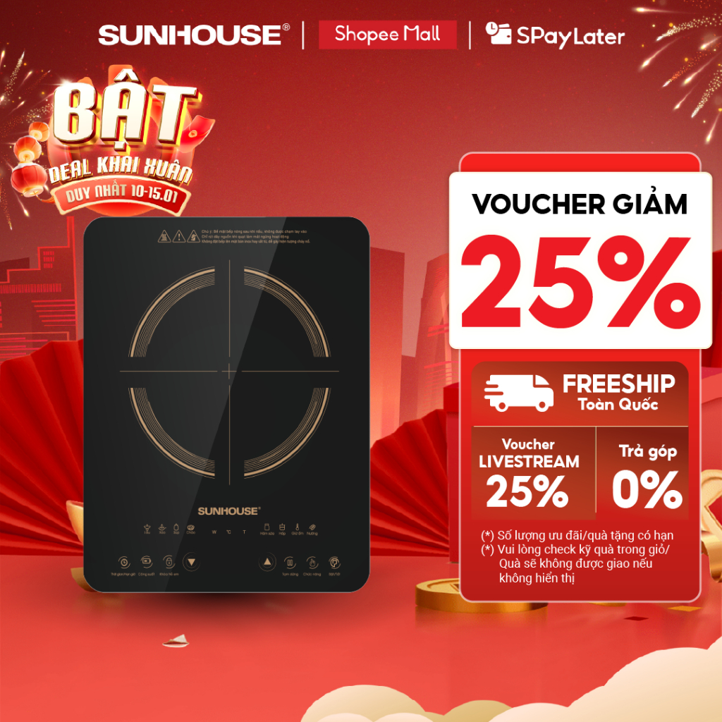 Bếp từ đơn Sunhouse SHD6803 - Công suất 2000W - Bảo hành 12 tháng - 8 chế độ nấu - Nút bấm điện tử