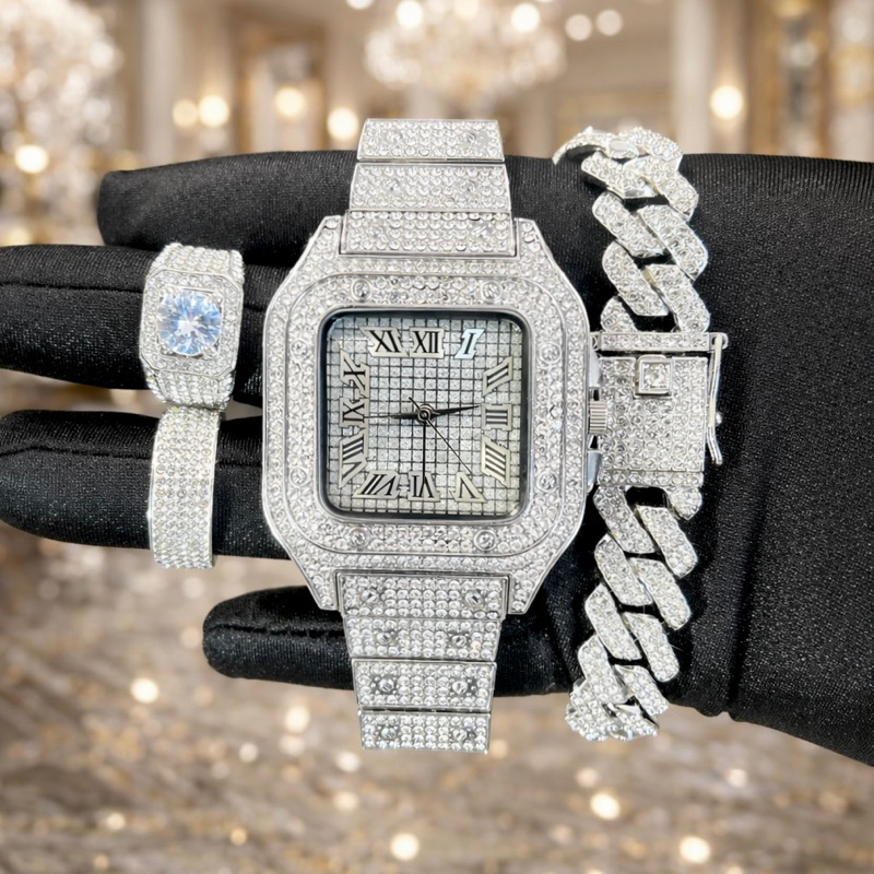 (4 MÓN) Combo đồng hồ lắc tay cuban đính đá màu bạc tặng kèm 2 nhẫn cao cấp - diamond watch B3