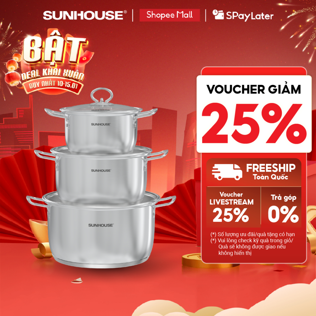 Bộ nồi inox Impact 5 đáy Sunhouse Healthy SHG788E - 3 nồi 16-20-24cm - Đáy phẳng hoàn hảo - Dùng mọi loại bếp