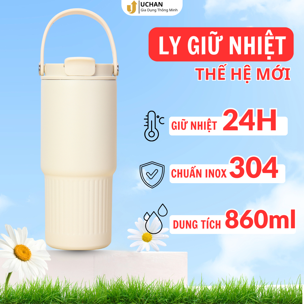 Ly giữ nhiệt Uchan 860ml Bình giữ nhiệt có ống hút quai xách Inox 316...