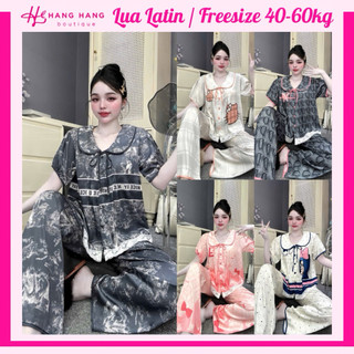 Bộ đồ ngủ pijama nữ 40-60kg dài cộc tay bồng cổ sen xếp ly nhún ngực dễ thương sang chảnh vải lụa latin mịn mát 60CD36