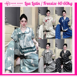 Bộ đồ ngủ pijama nữ 40-60kg dài cộc tay bồng cổ sen xếp ly nhún ngực dễ thương sang chảnh vải lụa latin mịn mát 60CD36