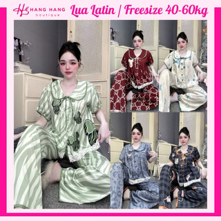 Bộ đồ ngủ pijama nữ 40-60kg dài cộc tay bồng cổ sen xếp ly nhún ngực dễ thương sang chảnh vải lụa latin mịn mát 60CD36