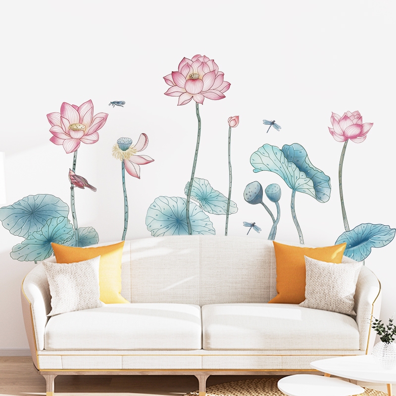 Decal Dán Tường Đầm Hoa Sen 3D Tinh Tế Có Keo Sẵn 110x55cm - Trang Trí Phòng Khách Phòng Trà