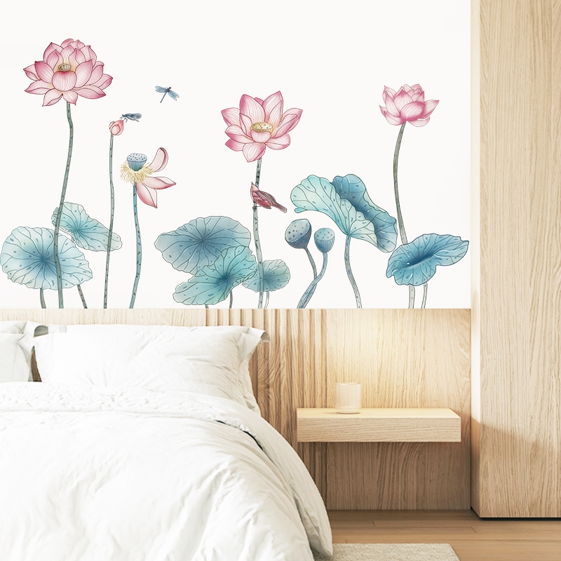 Decal Dán Tường Đầm Hoa Sen 3D Tinh Tế Có Keo Sẵn 110x55cm - Trang Trí Phòng Khách Phòng Trà