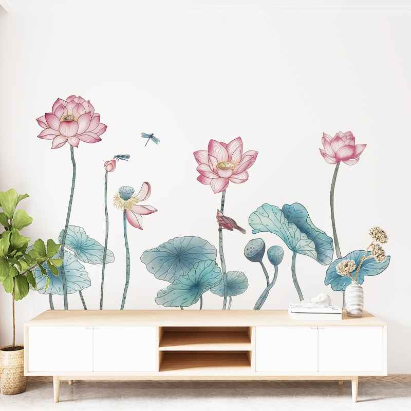 Decal Dán Tường Đầm Hoa Sen 3D Tinh Tế Có Keo Sẵn 110x55cm - Trang Trí Phòng Khách Phòng Trà