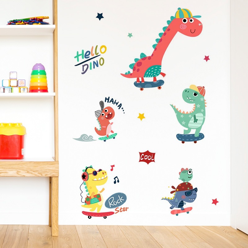 Decal Dán Tường Khủng Long Trượt Ván Có Keo Sẵn 132x71cm - Trang Trí Phòng Ngủ Góc Giải Trí Cho Bé