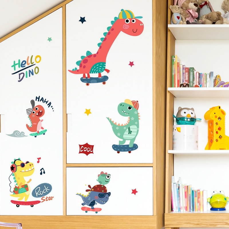 Decal Dán Tường Khủng Long Trượt Ván Có Keo Sẵn 132x71cm - Trang Trí Phòng Ngủ Góc Giải Trí Cho Bé