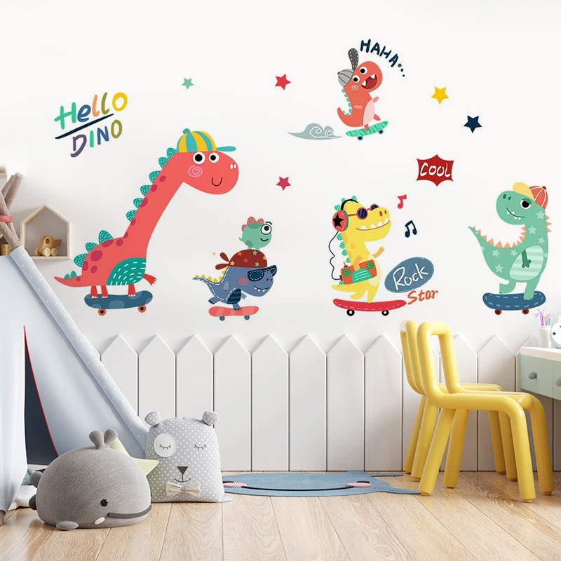 Decal Dán Tường Khủng Long Trượt Ván Có Keo Sẵn 132x71cm - Trang Trí Phòng Ngủ Góc Giải Trí Cho Bé