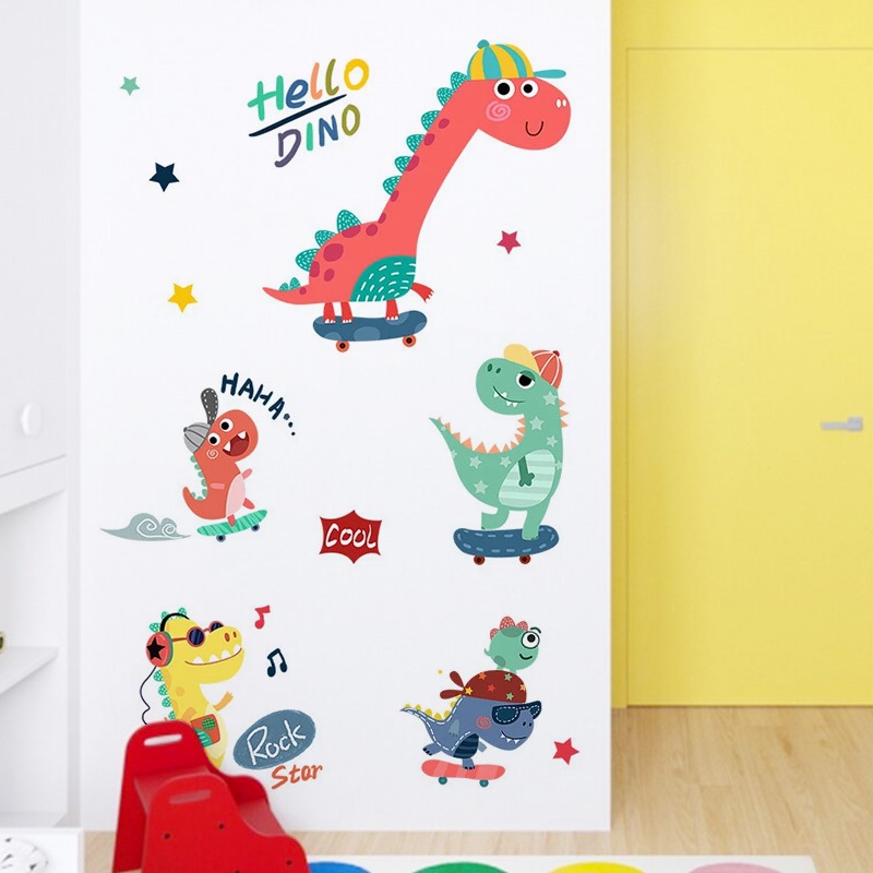 Decal Dán Tường Khủng Long Trượt Ván Có Keo Sẵn 132x71cm - Trang Trí Phòng Ngủ Góc Giải Trí Cho Bé