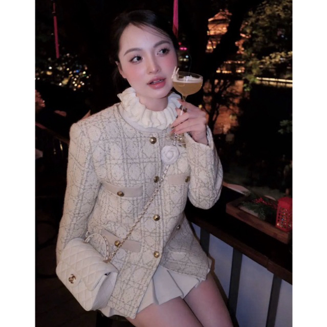 MIU.STUDIO • Áo váy dạ tweed TK hoạ tiết kẻ trám đính khuy đồng cao cấp (kèm hoa trà),Áo khoác nữ mùa đông dành cho nữ