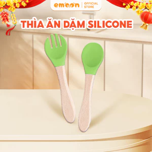 Thìa + Dĩa ăn dặm silicone Emoon chất liệu mềm mại, an toàn cho bé
