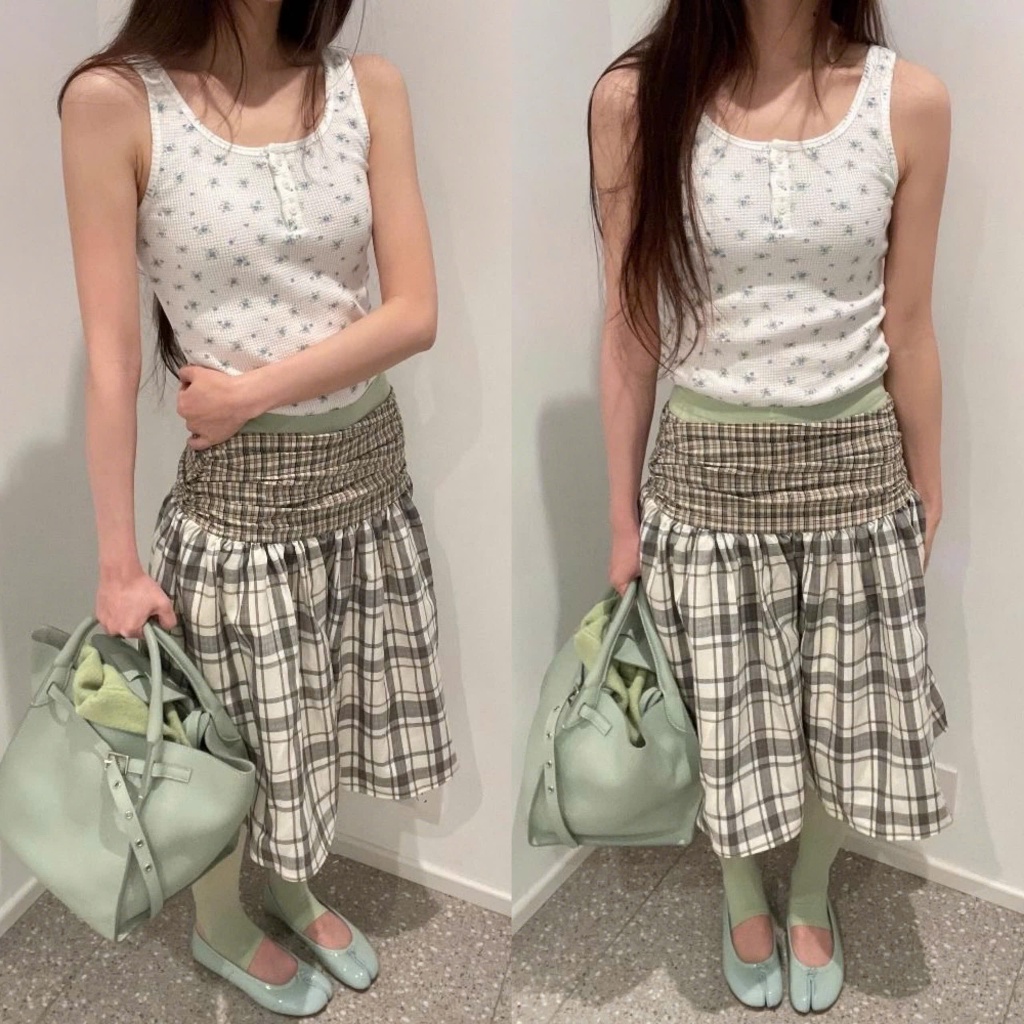 (sẵn)Chân váy dáng xoè dài qua gối hoạ tiết kẻ caro màu xanh be nữ tính nhẹ nhàng CV022 - Tiktik