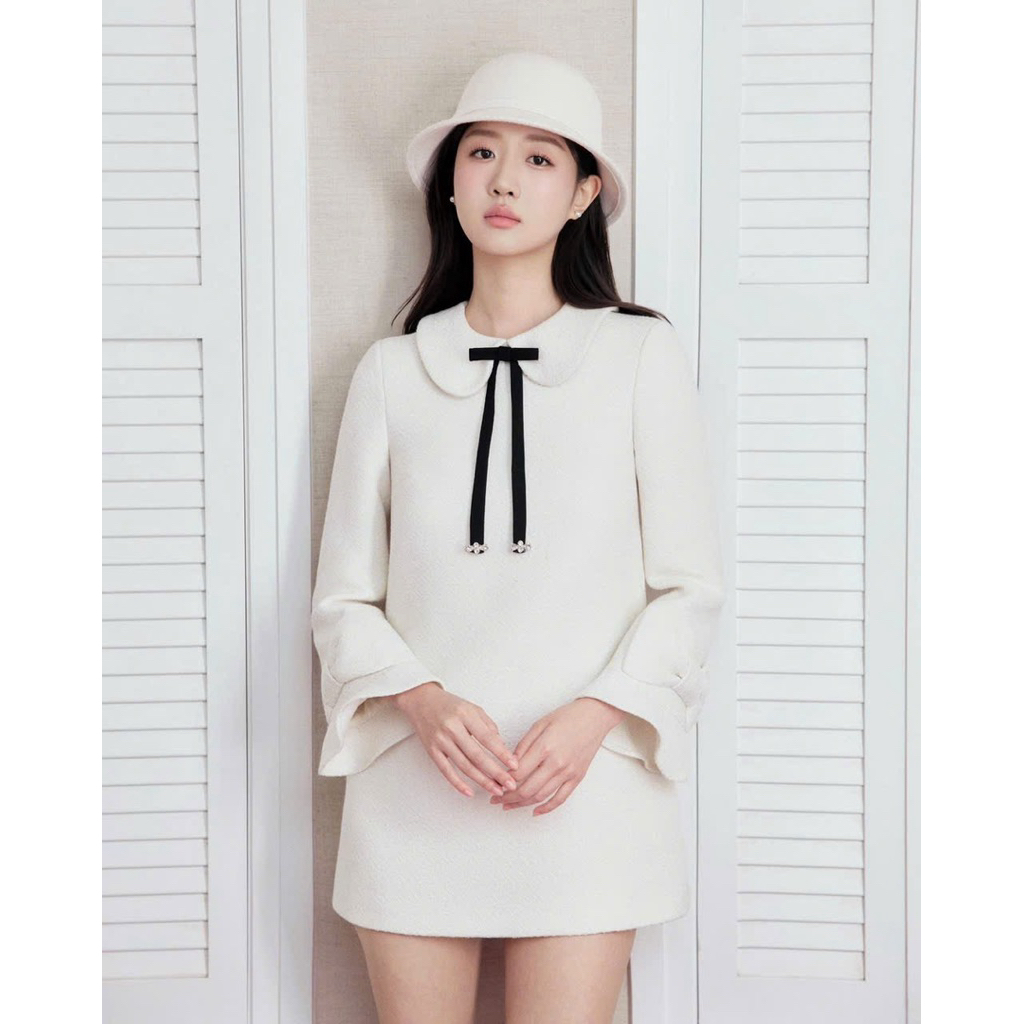 Váy dạ tweed tiểu thư dáng babydoll cổ sen tay xoè mix nơ cách điệu ,Đầm thiết kế dáng ngắn kèm nơ nhung style nhẹ nhàng