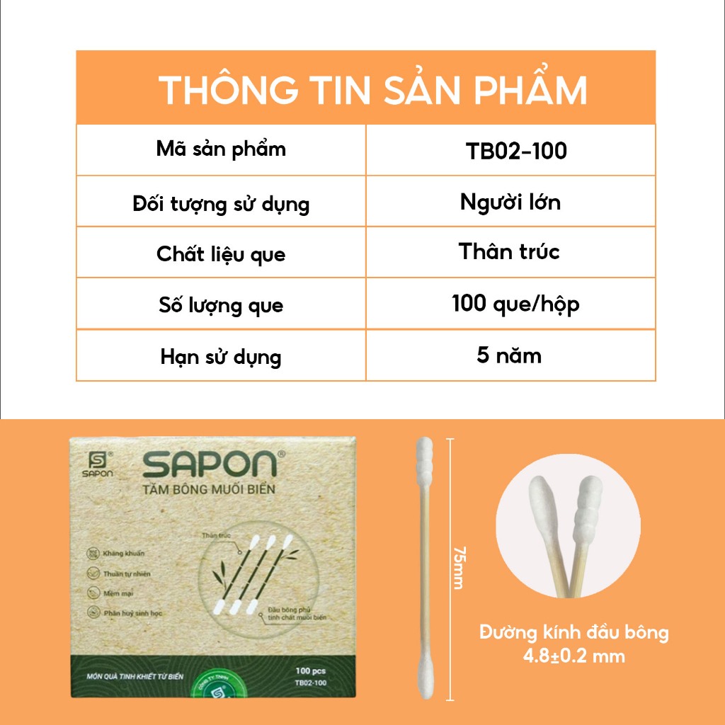 Combo 20 hộp Tăm bông muối biển SAPON 100 que thân trúc bông kháng khuẩn mềm mịn an toàn (TB02_100)