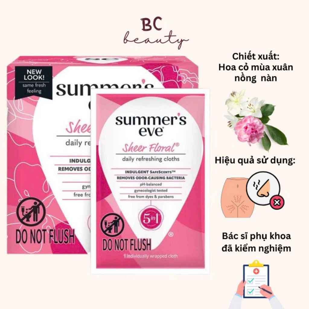 [CHÍNH HÃNG] KHĂN GIẤY ƯỚT PHỤ KHOA CÂN BẰNG ĐỘ PH SUMMER’S EVE SHEER FLORAL MỸ HỘP 12 MIẾNG