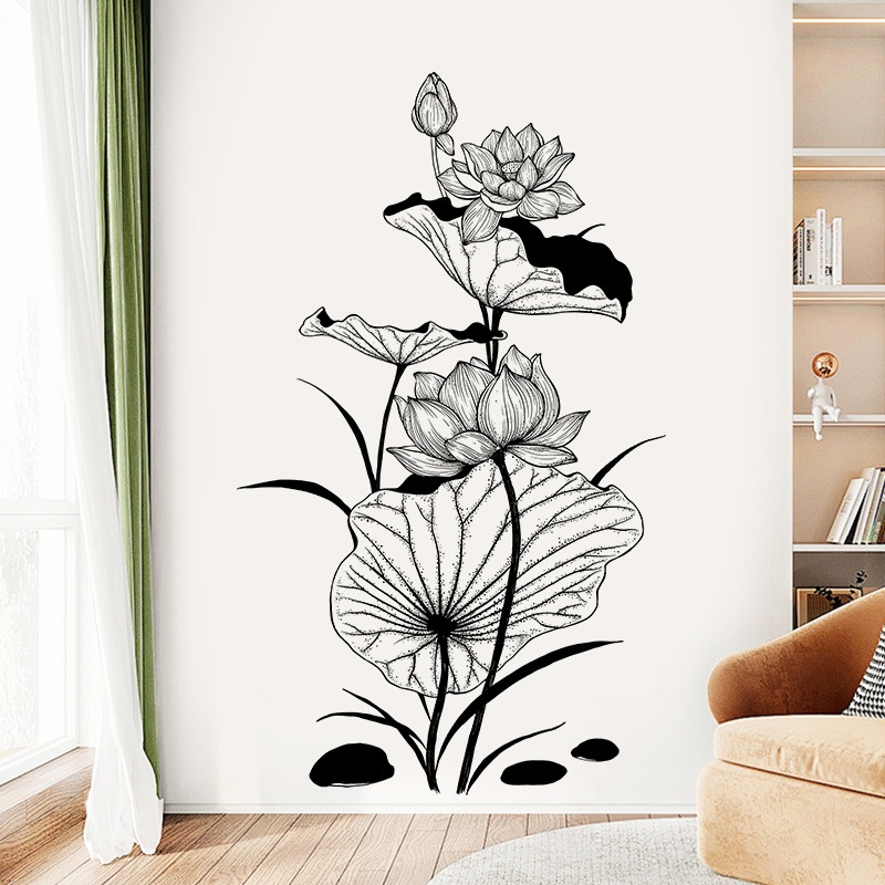 Decal Dán Tường Hoa Sen Phong Cách Tối Giản Có Keo Sẵn 77x131cm - Trang Trí Phòng Khách Hành Lang