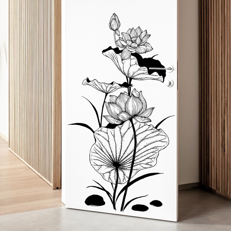 Decal Dán Tường Hoa Sen Phong Cách Tối Giản Có Keo Sẵn 77x131cm - Trang Trí Phòng Khách Hành Lang