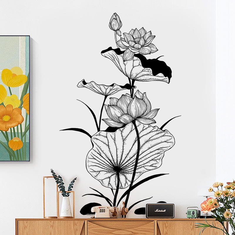 Decal Dán Tường Hoa Sen Phong Cách Tối Giản Có Keo Sẵn 77x131cm - Trang Trí Phòng Khách Hành Lang