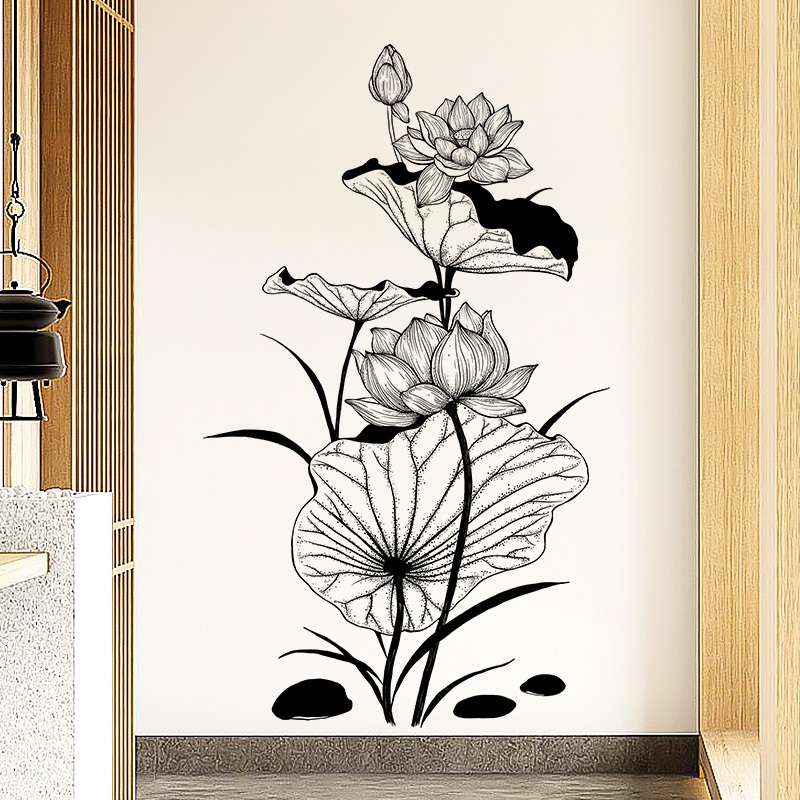 Decal Dán Tường Hoa Sen Phong Cách Tối Giản Có Keo Sẵn 77x131cm - Trang Trí Phòng Khách Hành Lang