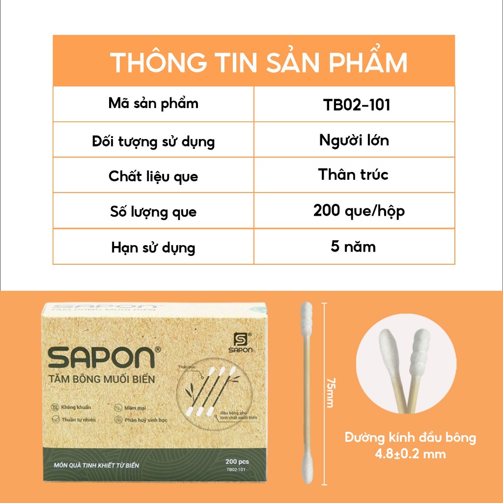Combo 10 hộp Tăm bông muối biển SAPON 200 que thân trúc kháng khuẩn vệ sinh tai mũi (TB02_101)