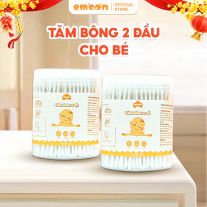 Tăm bông ngoáy tai cho bé Emoon 2 đầu tròn và dẹt kháng khuẩn, thân thiện với môi trường hộp 200 chiếc
