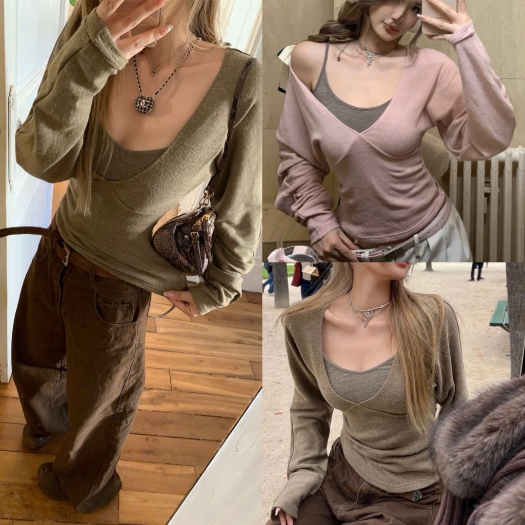 Set áo dài tay và hai dây dáng rộng tay cánh dơi chất cotton dày dặn màu rêu hồng ulzzang SET002 - Tiktik