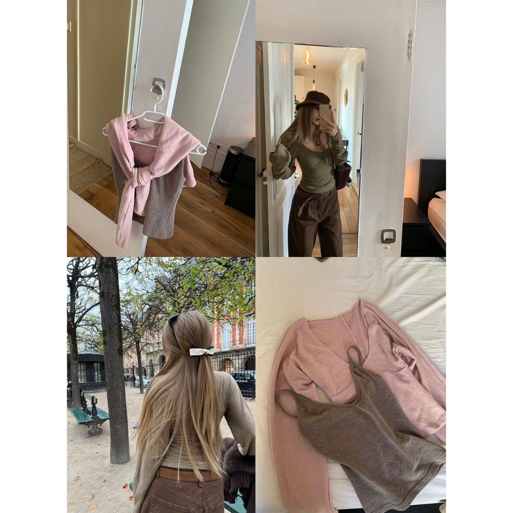 Set áo dài tay và hai dây dáng rộng tay cánh dơi chất cotton dày dặn màu rêu hồng ulzzang SET002 - Tiktik