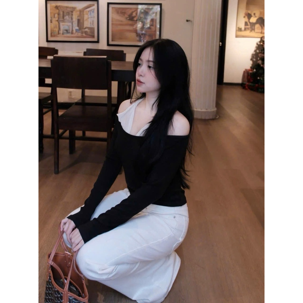Áo thun trễ vai mix cổ ren xoắn mềm siêu hot - hàng QCCC , Áo kiểu nữ dài tay pha cổ yếm cách điệu ôm body tôn dáng