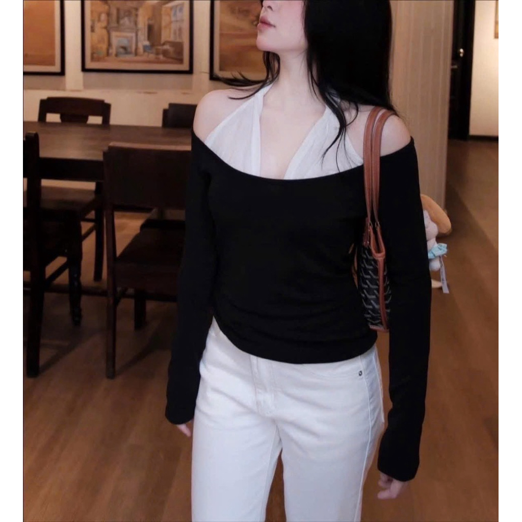 Áo thun trễ vai mix cổ ren xoắn mềm siêu hot - hàng QCCC , Áo kiểu nữ dài tay pha cổ yếm cách điệu ôm body tôn dáng