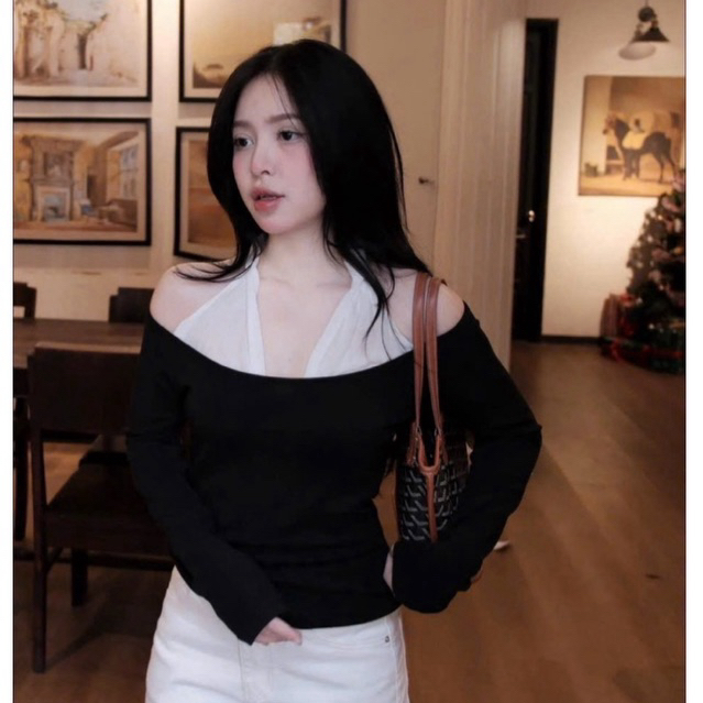 Áo thun trễ vai mix cổ ren xoắn mềm siêu hot - hàng QCCC , Áo kiểu nữ dài tay pha cổ yếm cách điệu ôm body tôn dáng