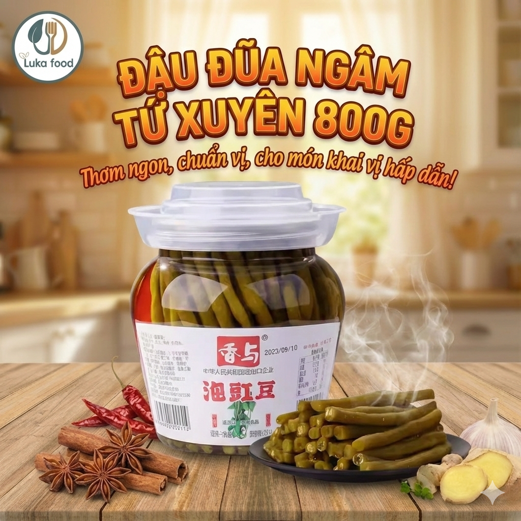 Đậu Đũa Ngâm Chua Cay Tứ Xuyên 800g - Giòn Sần Sật, Vị Chua Cay Chuẩn Nội Địa, Xào Thịt, Ăn Kèm Bún Ốc Luka Food