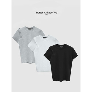 HYPNOTISM | BUTTON ATTITUDE TOP - Áo thun gân cổ tròn tay ngắn basic phối nút vai