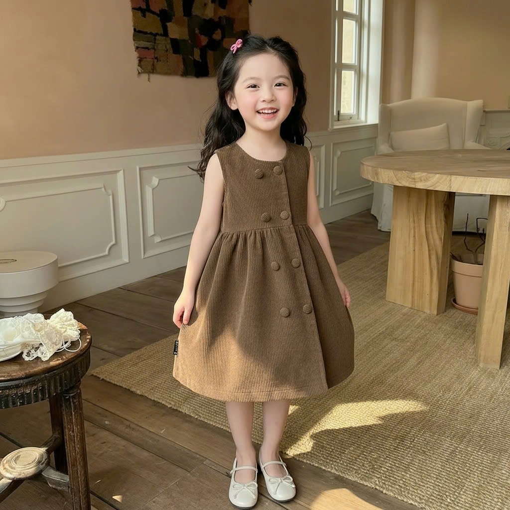 Váy Yếm Bé Gái Hania Kids Váy Nhung Tăm Không Tay Dáng Xòe, Chất Liệu Mềm Mại Cho Bé Đi Học Đi Chơi