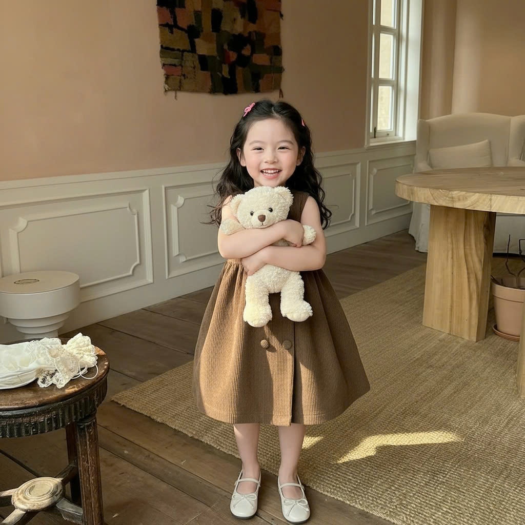 Váy Yếm Bé Gái Hania Kids Váy Nhung Tăm Không Tay Dáng Xòe, Chất Liệu Mềm Mại Cho Bé Đi Học Đi Chơi