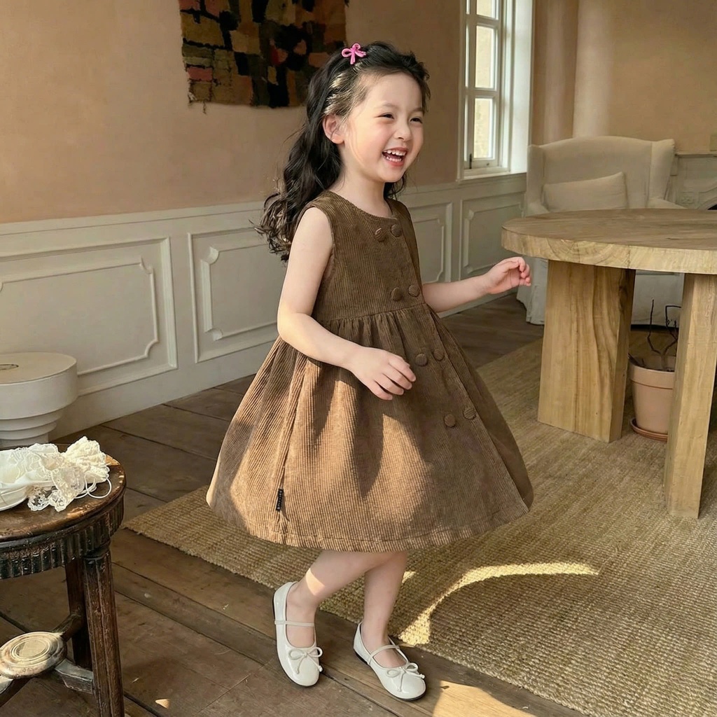 Váy Yếm Bé Gái Hania Kids Váy Nhung Tăm Không Tay Dáng Xòe, Chất Liệu Mềm Mại Cho Bé Đi Học Đi Chơi
