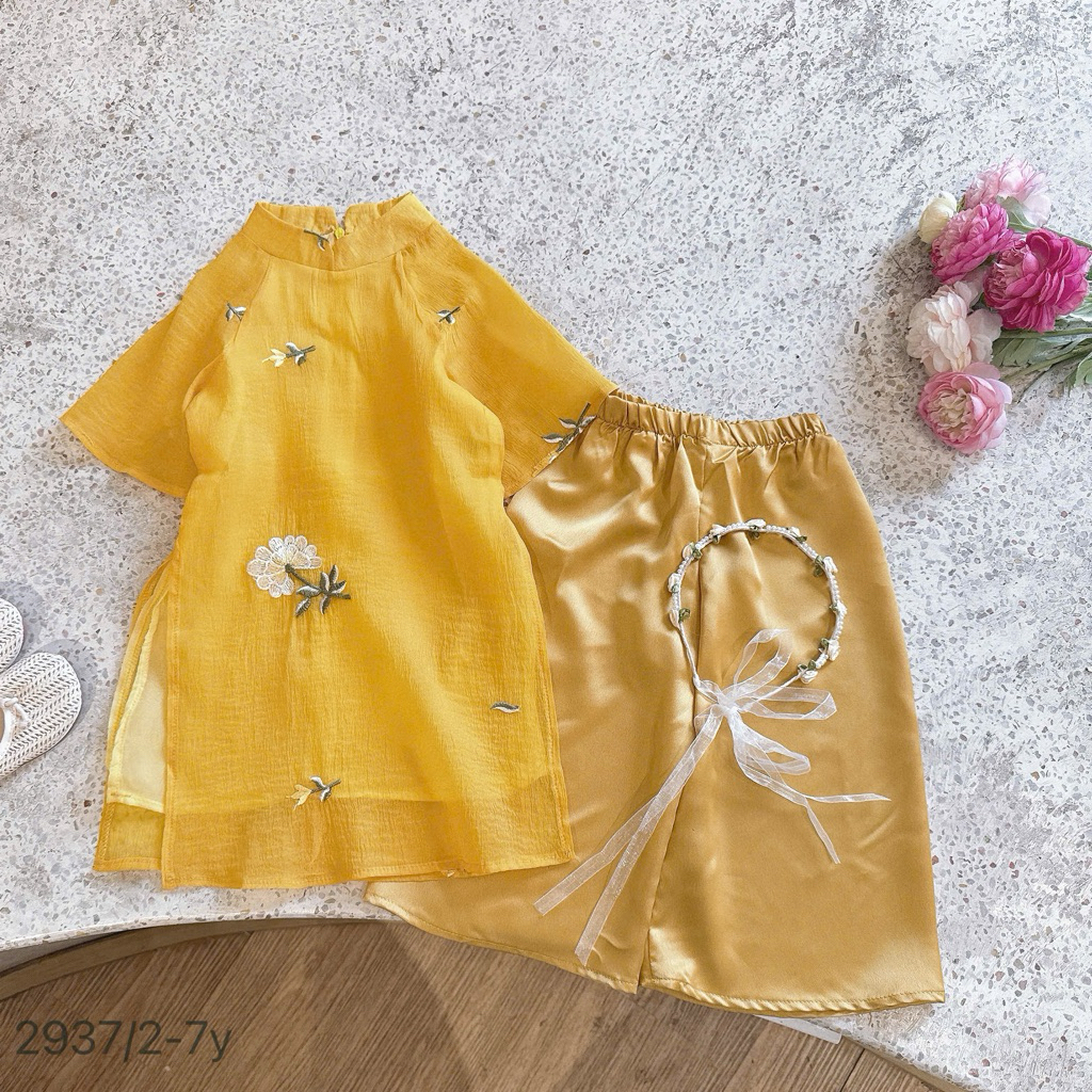 Set Áo Dài Bé Gái Tặng Bờm Cao Cấp Form Đẹp Mặc Tết Siêu Xinh Size 2-7Y (11-30kg) OP